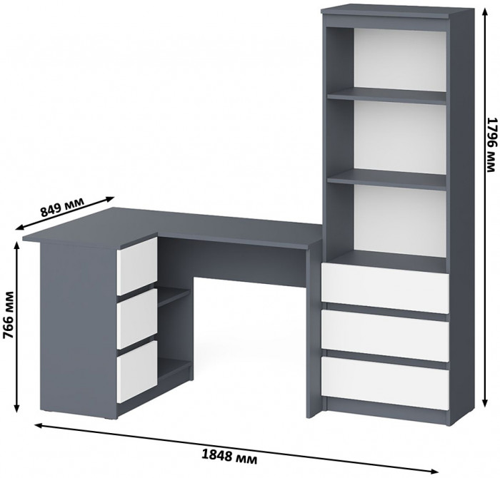 Мори компьютерный стол МС-16 левый + Стеллаж МСТ600.3, графит/белый