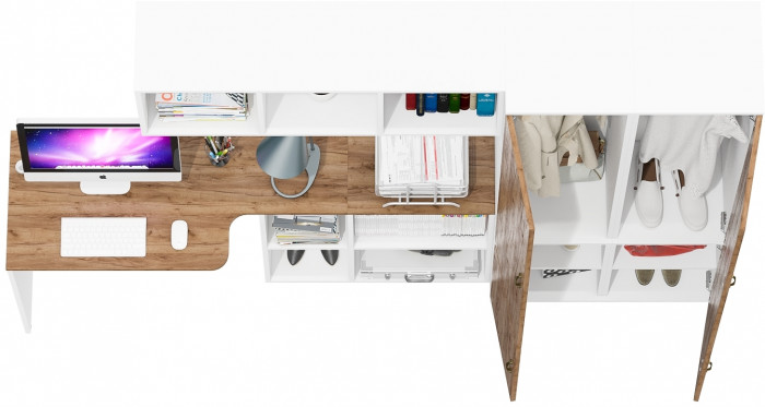 Лидер-8 Стол + Полка + Пенал МД 21Б + Пенал МД 21Б, цвет белый шагрень/крафт золото, ШхГхВ 245х50/37,5х75/190 или 115х160/50х75/190 см., НЕ ун. сб.