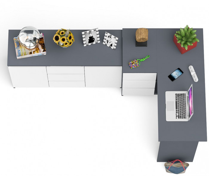 Мори Стол компьютерный МС-16 левый + Комод МК1200.3, цвет графит/белый, ШхГхВ 244,8х84,9х76,6 см., выдвижные ящики слева, НЕ универсальная сборка