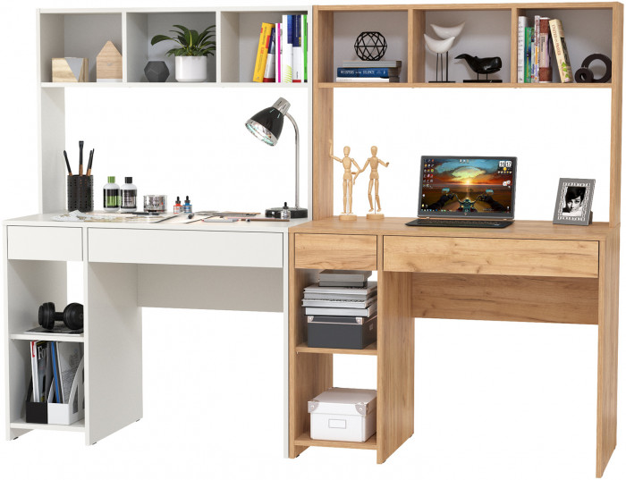 Стол компьютерный Комфорт 12.77F + Стол компьютерный Комфорт 12.77F, цвет белый шагрень/дуб крафт золотой, ШхГхВ 200х49,8х147 см., универс. сборка