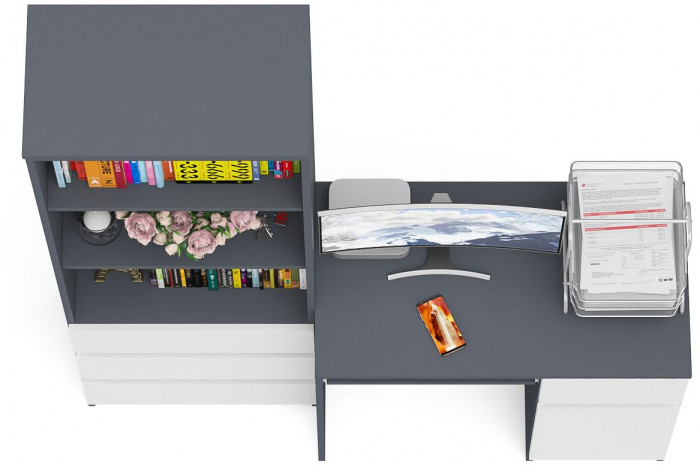 Мори компьютерный стол МС-1 правый + Стеллаж МСТ600.3, графит/белый