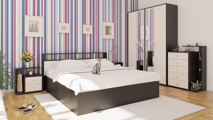 Камелия Кровать 1800 + две тумбы, цвет венге/дуб лоредо, ШхГхВ 296х217х78,2 см., сп.м. 1800х2000 мм., без матраса, основание есть