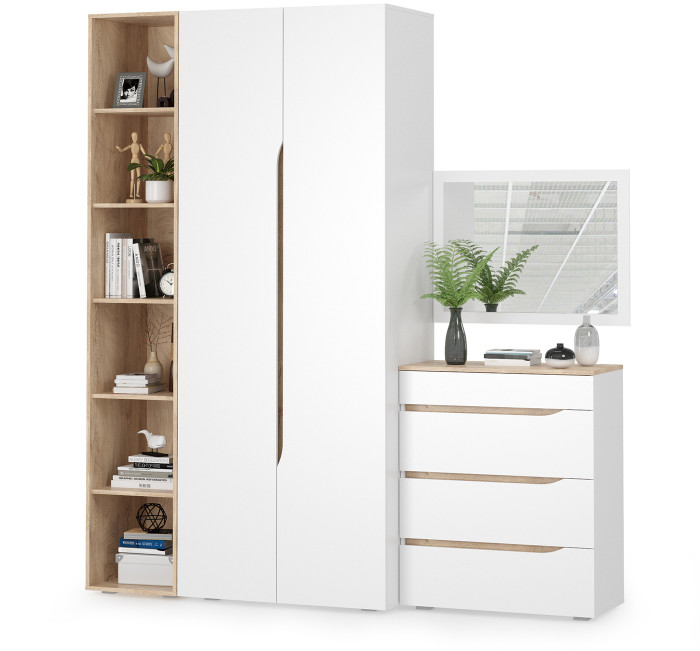 Муссон 13.198 Шкаф + 13.349 Стеллаж + 13.97 Комод + Зеркало СВК, цвет белый/дуб эндгрейн элегантный, ШхГхВ 204,6х52,3х229,8 см., НЕ универс. сб.