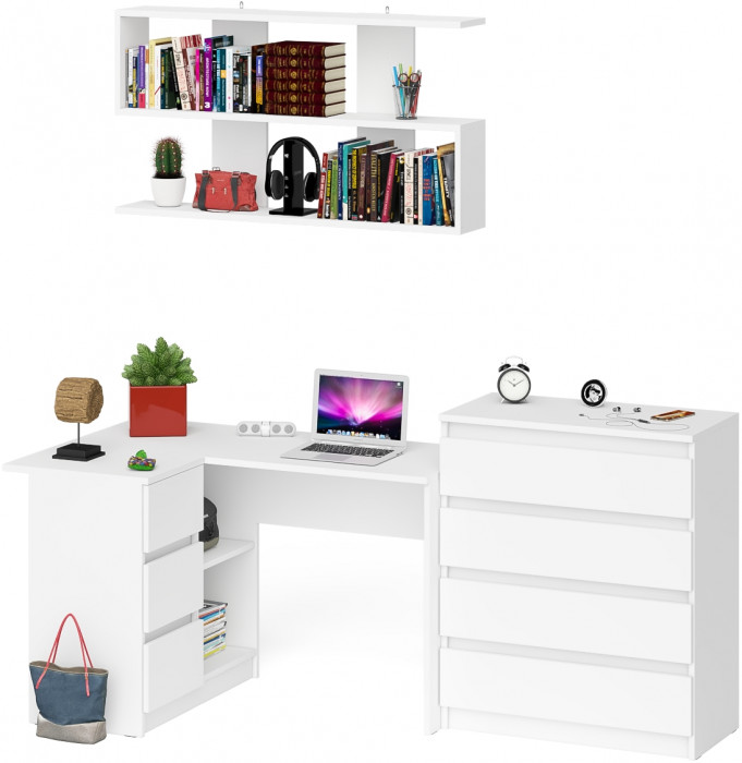 Мори компьютерный стол МС-16 левый + Комод МК800.4 + Полка 1200, белый