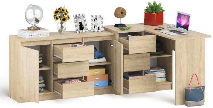 Мори Стол компьютерный МС-16 левый + Комод МК1200.3, цвет дуб сонома, ШхГхВ 244,8х84,9х76,6 см., выдвижные ящики слева, НЕ универсальная сборка