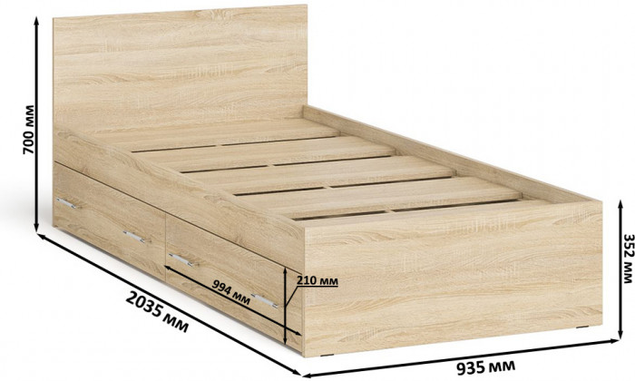 Мори Кровать с ящиками 0900, цвет дуб сонома, ШхГхВ 93,5х203,5х70 см., сп.м. 900х2000 мм., без матраса, основание есть
