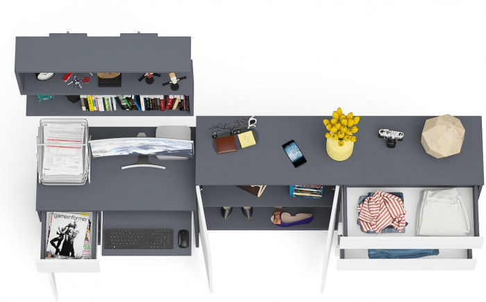 Мори Стол компьютерный МС-1 левый + Комод МК1600.1 + Полка 900, цвет графит/белый, ШхГхВ 250,4х50х209,6 см., НЕ универсальная сборка