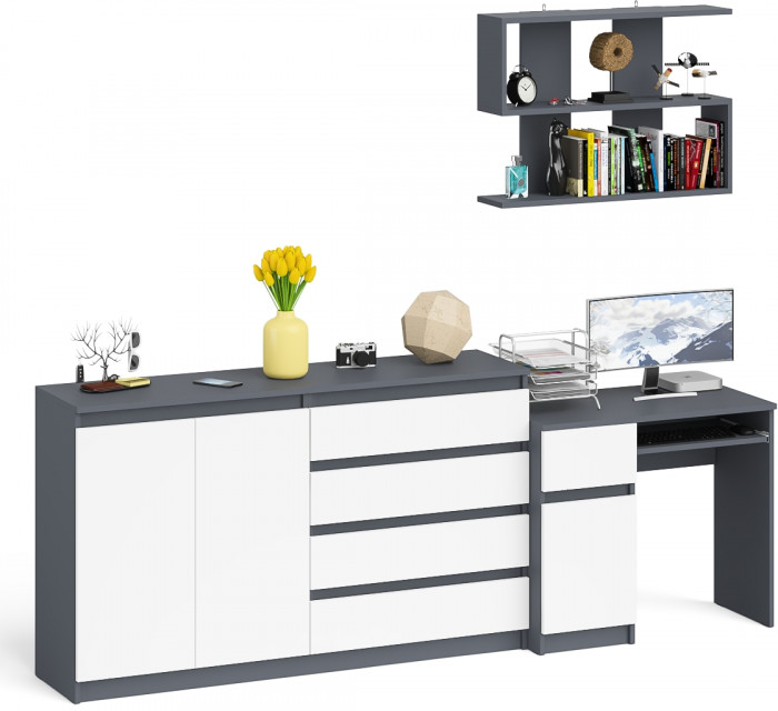 Мори Стол компьютерный МС-1 левый + Комод МК1600.1 + Полка 900, цвет графит/белый, ШхГхВ 250,4х50х209,6 см., НЕ универсальная сборка