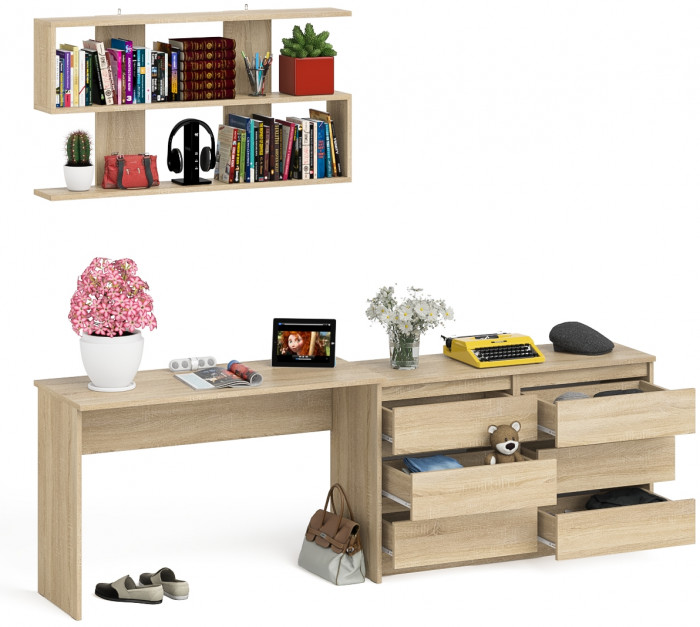 Мори Стол письменный МСП1200.1 + Комод МК1200.6 + Полка 1200, цвет дуб сонома, ШхГхВ 240,8х50х209,6 см., универсальная сборка