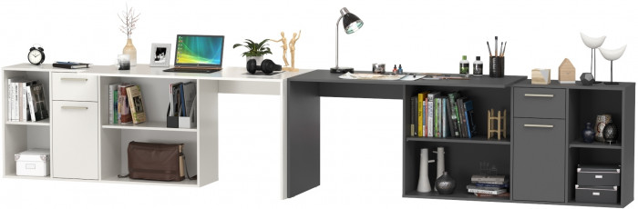 Два Стола письменных Лайт 03.245, цвет белый шагрень/тёмно-серый, ШхГхВ 342,9х136х75,2 см.(угловой) или 407,2х60х75,2 см.(прямой), универс. сборка