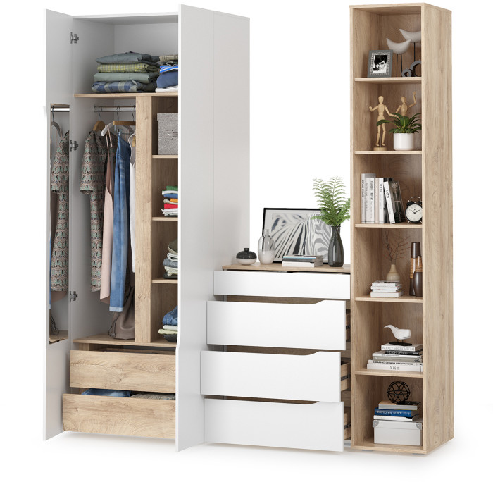 Муссон 13.198 Шкаф двухстворчатый + 13.349 Стеллаж + 13.97 Комод, цвет белый/дуб эндгрейн элегантный, ШхГхВ 204,6х52,3х229,8 см., НЕ универс. сборка