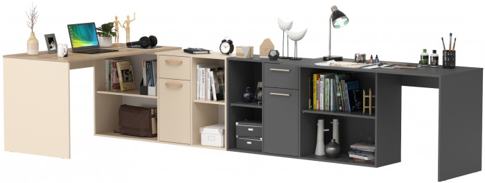 Два Стола письменных Лайт 03.245, цвет сатин/дуб эндгрейн элегантный/тёмно-серый, ШхГхВ 342,9х136х75,2 см.(угл.) или 407,2х68х75,2 см.(пр.), ун. сб.