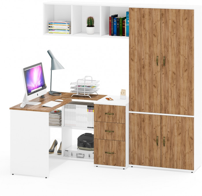 Лидер-8 Стол + Полка + Тумба МД 3.16 + Шкаф МД 20Б, цвет белый шагрень/крафт золото, ШхГхВ 285х50/37,5х75/190 или 115х200/50х75/190 см., НЕ ун. сб.