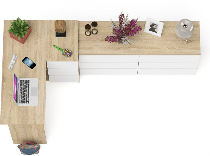 Мори Стол компьютерный МС-16 правый + Комод МК1380.6, цвет дуб сонома/белый, ШхГхВ 262,4х84,9х76,6 см., выдвижные ящики справа, НЕ универс. сборка