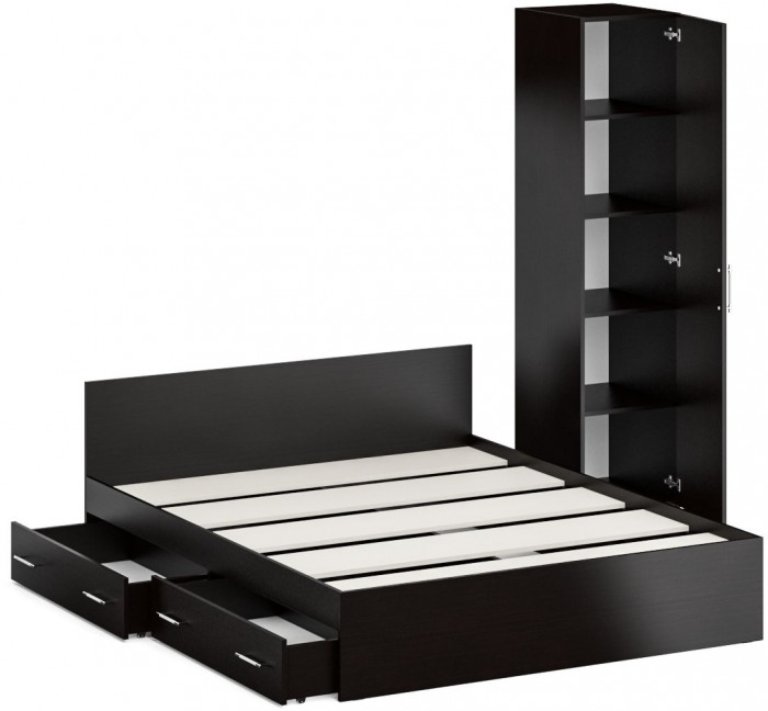 Кровать с ящиками 1600 + Пенал Стандарт, цвет венге, ШхГхВ 163,5х203,5х70 + 45х52х200 см., сп.м. 1600х2000 мм., без матраса, основание есть