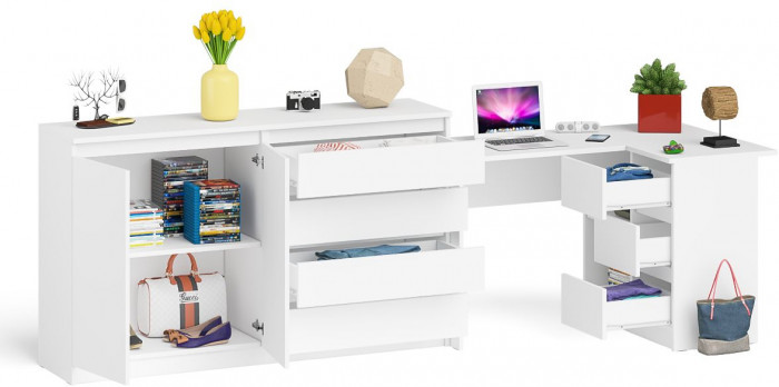 Мори Стол компьютерный МС-16 правый + Комод МК1600.1, цвет белый, ШхГхВ 284,8х84,9х94 см., выдвижные ящики справа, НЕ универсальная сборка