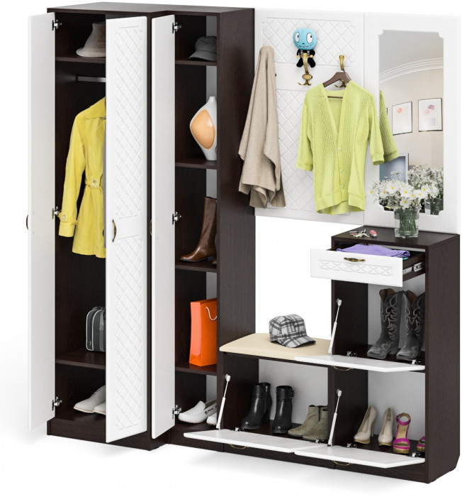 Прихожая П-6 Компоновка № 31, цвет венге/фасады МДФ белое дерево фрезеровка ромб, ШхГхВ 200х50х210 см., универсальная сборка