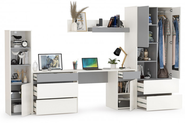 Торонто Компоновка № 01, цвет белый шагрень/стальной серый, ШхГхВ 320х53,1х195,7 см., универсальная сборка