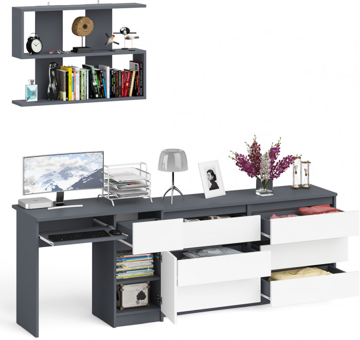 Мори Стол компьютерный МС-1 правый + Комод МК1380.6 + Полка 900, цвет графит/белый, ШхГхВ 228х50х209,6 см., НЕ универсальная сборка