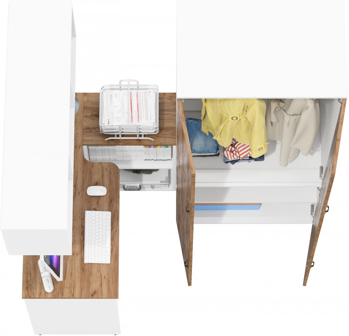 Лидер-8 Стол + Полка + Шкаф МД 19Б, цвет белый шагрень/крафт золото, ШхГхВ 245х50х75/190 или 115х160/50х75/190 см., НЕ универсальная сборка