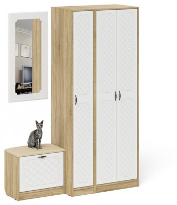 Прихожая П-6 Компоновка № 46, цвет дуб сонома/фасады МДФ белое дерево фрезеровка ромб, ШхГхВ 150х50х210 см., универсальная сборка