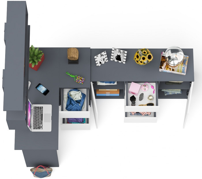 Мори компьютерный стол МС-16 правый + Комод МК1200.3 + Полка 1200, графит/белый