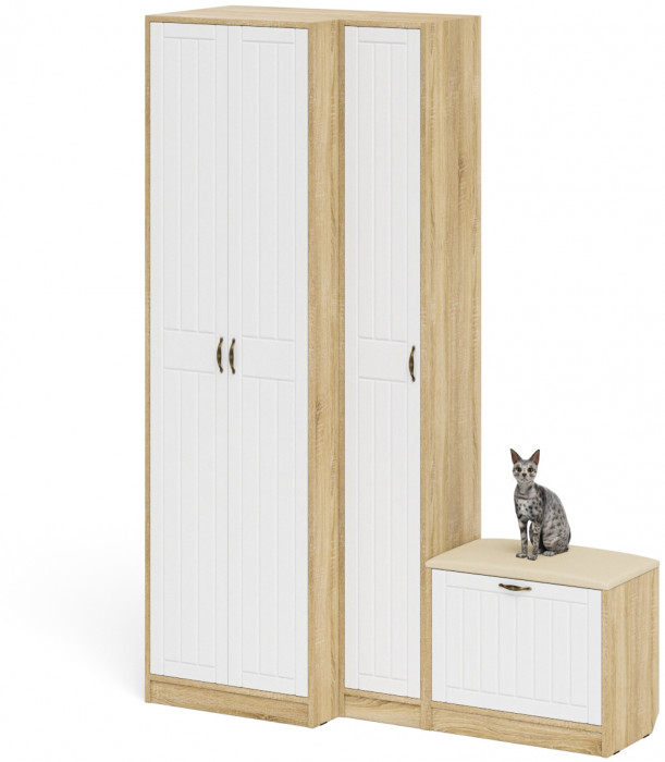 Прихожая П-6 Компоновка № 25, цвет дуб сонома/фасады МДФ белое дерево фрезеровка прованс, ШхГхВ 150х50х210 см., универсальная сборка