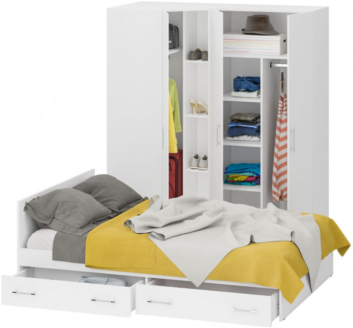 Спальня Стандарт 2-1400Я, цвет белый, ШхГхВ 143,5х203,5х70 + 171,2х81,2х200 см., сп.м. 1400х2000 мм., без матраса, основание есть