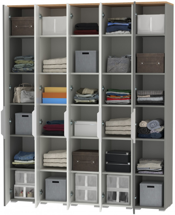 Октава Набор шкафов 48, цвет белый шагрень/серый графит/дуб крафт золотой/фасады МДФ белый шагрень/серый графит, ШхГхВ 161х35,3х197,6 см., ун. сб.