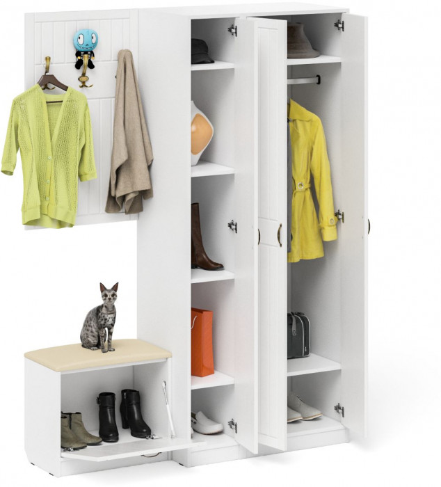 Прихожая П-6 Компоновка № 47, цвет белая шагрень/фасады МДФ белое дерево фрезеровка прованс, ШхГхВ 150х50х210 см., универсальная сборка