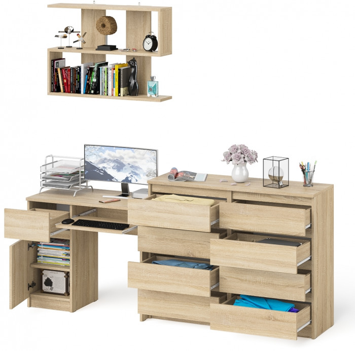 Мори Стол компьютерный МС-1 левый + Комод МК1200.8 + Полка 900, цвет дуб сонома, ШхГхВ 210,4х50х209,6 см., НЕ универсальная сборка