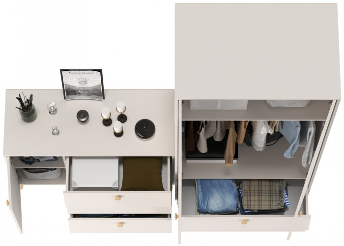 Афина Спальня Шкаф 2-х дверный + Комод с дверкой и тремя ящиками, цвет кашемир серый, ШхГхВ 90,3х56,3х220 + 110х45,3х83 см., универсальная сборка