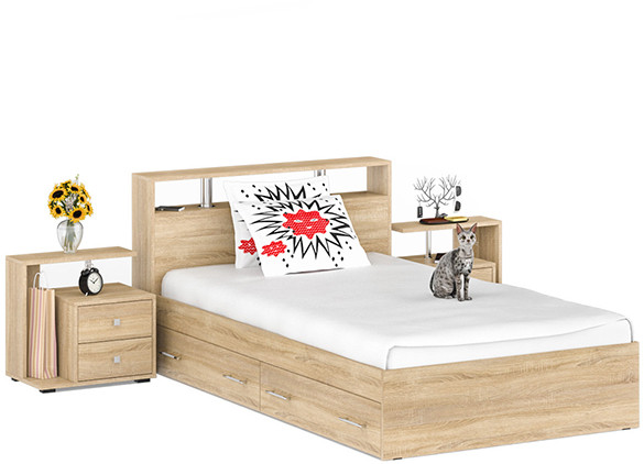 Камелия Кровать с ящиками 1200 + две тумбы, цвет дуб сонома, ШхГхВ 236х217х78,2 см., сп.м. 1200х2000 мм., без матраса, основание есть