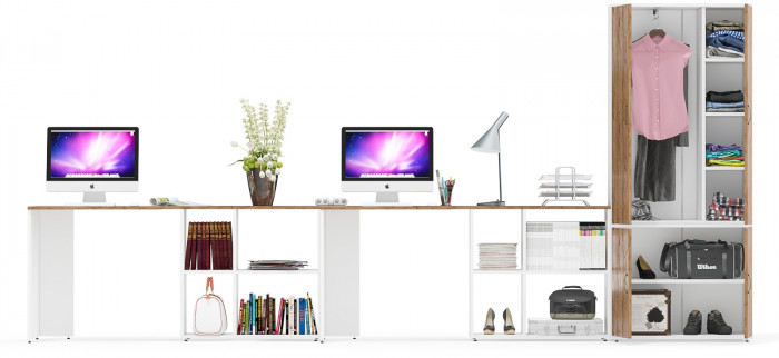 Лидер-8 Стол + Стол + Шкаф МД 20Б, цвет белый шагрень/крафт золото, ШхГхВ 410х50/37,5х75/190 или 230х160/50х75/190 см., НЕ универсальная сборка