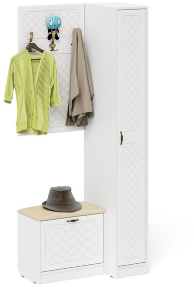 Прихожая П-6 Компоновка № 41, цвет белая шагрень/фасады МДФ белое дерево фрезеровка ромб, ШхГхВ 90х50х210 см., универсальная сборка