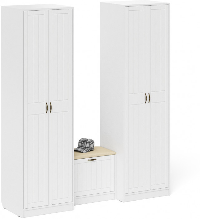 Прихожая П-6 Компоновка № 07, цвет белая шагрень/фасады МДФ белое дерево фрезеровка прованс, ШхГхВ 180х50х210 см., универсальная сборка