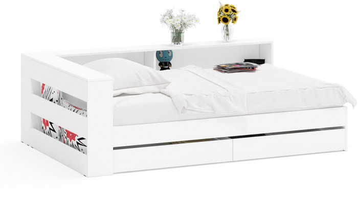 Ксения Кровать с ящиками 1200 + прикроватный блок, белый