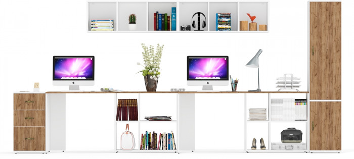 Лидер-8 Стол + Полка + Стол + Полка + Пенал МД 22Б + Тумба МД 3.16, цвет белый шагрень/крафт золото, 410х50х75/190 или 270х120/50х75/190, НЕ ун. сб.