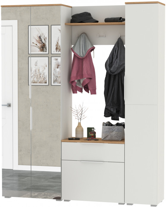 Октава Прихожая 22, цвет белый шагрень/дуб крафт золотой/фасады МДФ белый шагрень, ШхГхВ 161,5х35,4х197,6 см., универсальная сборка