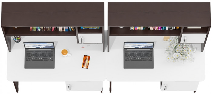 Два стола письменных с надстройкой С-МД-1-09Н, цвет венге/белый шагрень, ШхГхВ 210х57х162 см., НЕ универсальная сборка