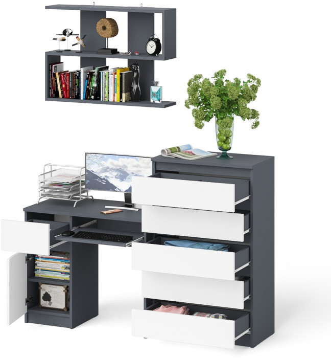 Мори Стол компьютерный МС-1 левый + Комод МК700.5 + Полка 900, цвет графит/белый, ШхГхВ 160,4х50х209,6 см., НЕ универсальная сборка