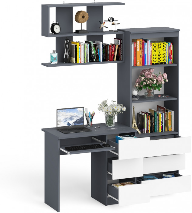 Мори Стол компьютерный МС-6 правый + Стеллаж МСТ600.3 + Полка 900, цвет графит/белый, ШхГхВ 150,4х50х209,6 см., НЕ универсальная сборка