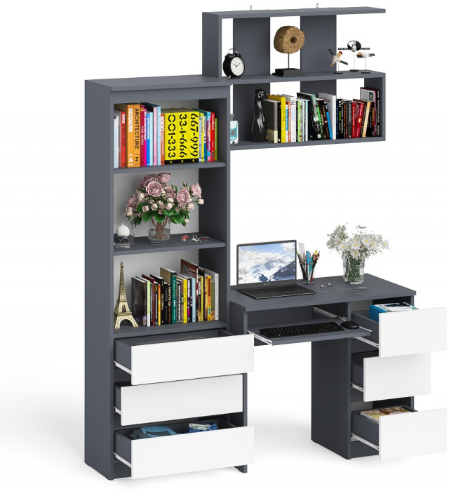 Мори Стол компьютерный МС-6 правый + Стеллаж МСТ600.3 + Полка 900, цвет графит/белый, ШхГхВ 150,4х50х209,6 см., НЕ универсальная сборка