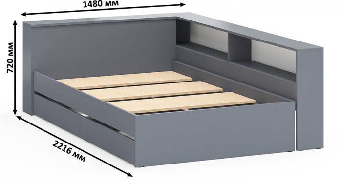 Ксения Кровать с ящиками 1200 + прикроватный блок, графит