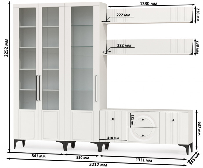 Валенсия Гостиная № 078, цвет ЛДСП белый шагрень/МДФ белый шагрень, ШхГхВ 272,2х38,3х225,2 см., универсальная сборка