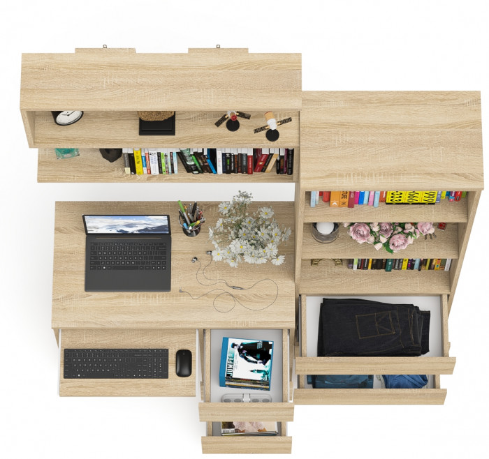 Мори Стол компьютерный МС-6 правый + Стеллаж МСТ600.3 + Полка 900, цвет дуб сонома, ШхГхВ 150,4х50х209,6 см., НЕ универсальная сборка