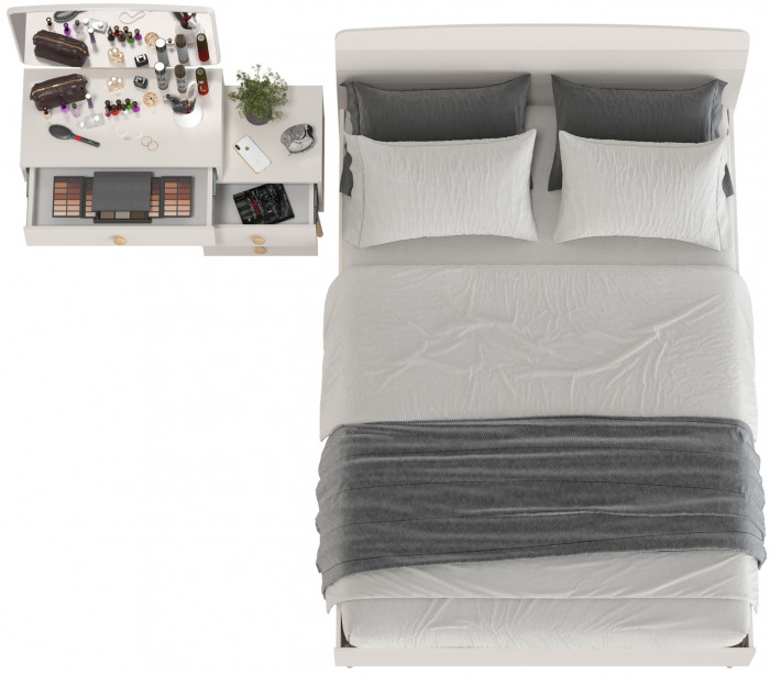 Афина Спальня Кровать 1400 + Трюмо, цвет кашемир серый, ШхГхВ 144,6х210,2х95,7 + 105х38,6х129 см., сп.м. 1400х2000 мм., б/м, основание есть