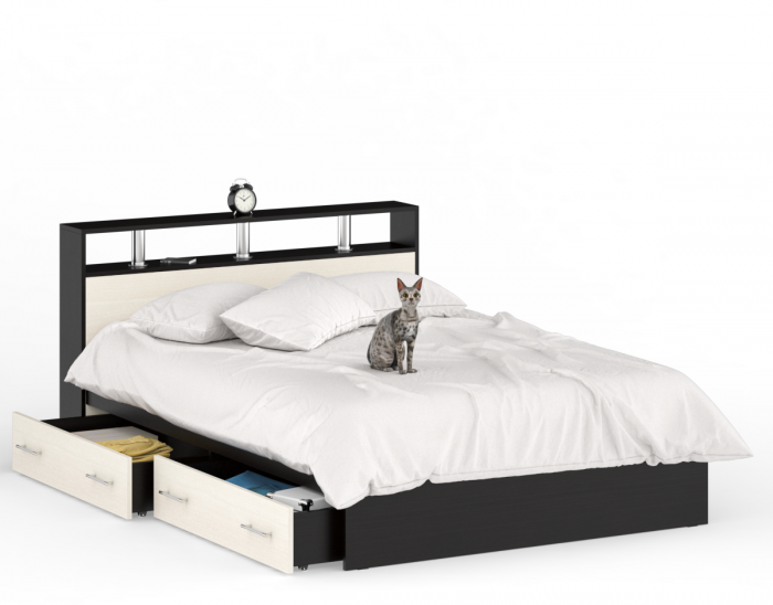 Камелия Кровать с ящиками 1400, цвет венге/дуб лоредо, ШхГхВ 143,5х217х78,2 см., сп.м. 1400х2000 мм., без матраса, основание есть