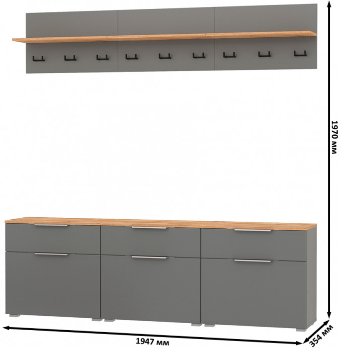 Октава Прихожая 04, цвет серый графит/дуб крафт золотой/фасады МДФ серый графит, ШхГхВ 194,7х35,4х197 см.