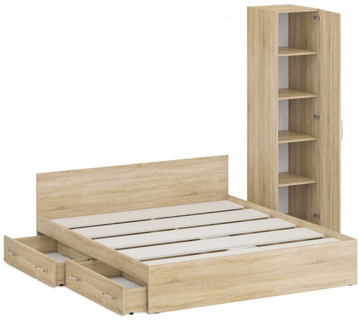 Кровать с ящиками 1800 + Пенал Стандарт, цвет дуб сонома, ШхГхВ 183,5х203,5х70 + 45х52х200 см., сп.м. 1800х2000 мм., без матраса, основание есть